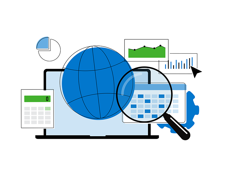 Laptop with charts, calendar, globe, and magnifying glass representing data analytics.